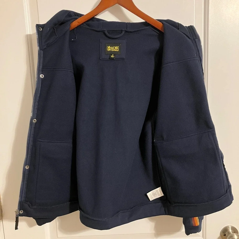 iXtreme Boys Navy Blue Hooded Snap Front Jacket Racing Stripe Size 18 NWT